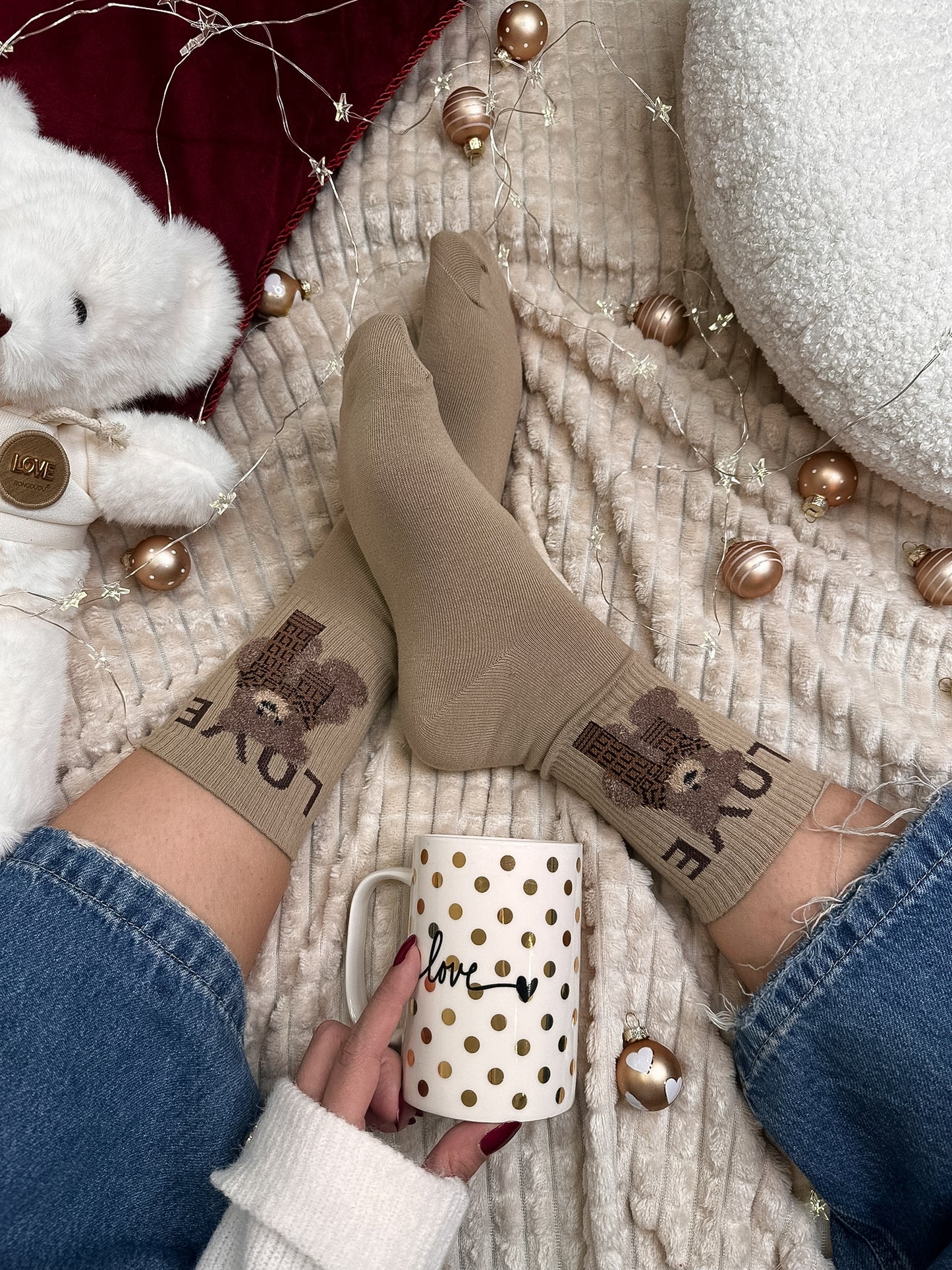 Par bež nogavičk z medvedkom LOVE 🤎